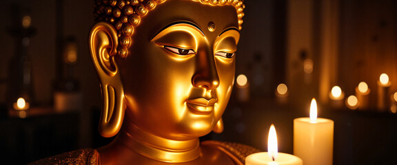 Golden Buddha emanating serenity in dimly lit temple, spiritual tranquility