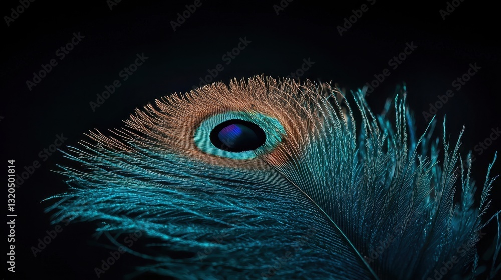 Poster macro shot of an iridescent blue and green feather, its delicate filaments shining in the light.