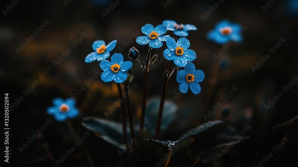 Poster macro shot of delicate forget-me-not petals with soft, intricate textures, glowing under soft light.