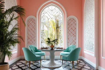 Pink dining room, teal chairs, arched window, lush garden view