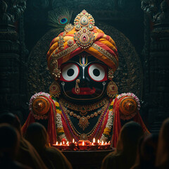 Fototapeta premium Lord Jagannath Idol in Temple - Divine Blessing and Reverence