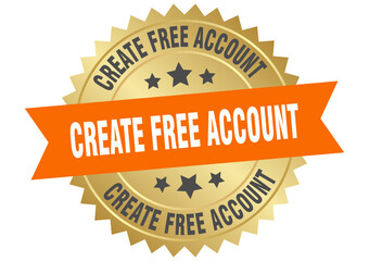 create free account. create free account round orange and gold label isolated on transparent background