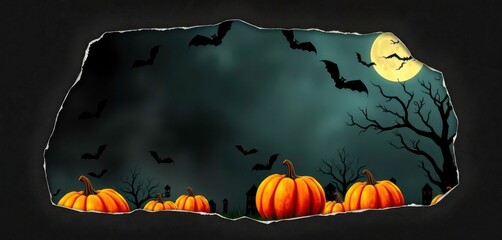 Torn paper edges frame spooky Halloween scene, bats, spiderwebs, pumpkins, spooky background, graphics