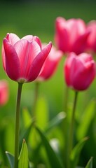 Obraz premium Vibrant pink tulips blooming on lush green meadow, flora, beauty, petals