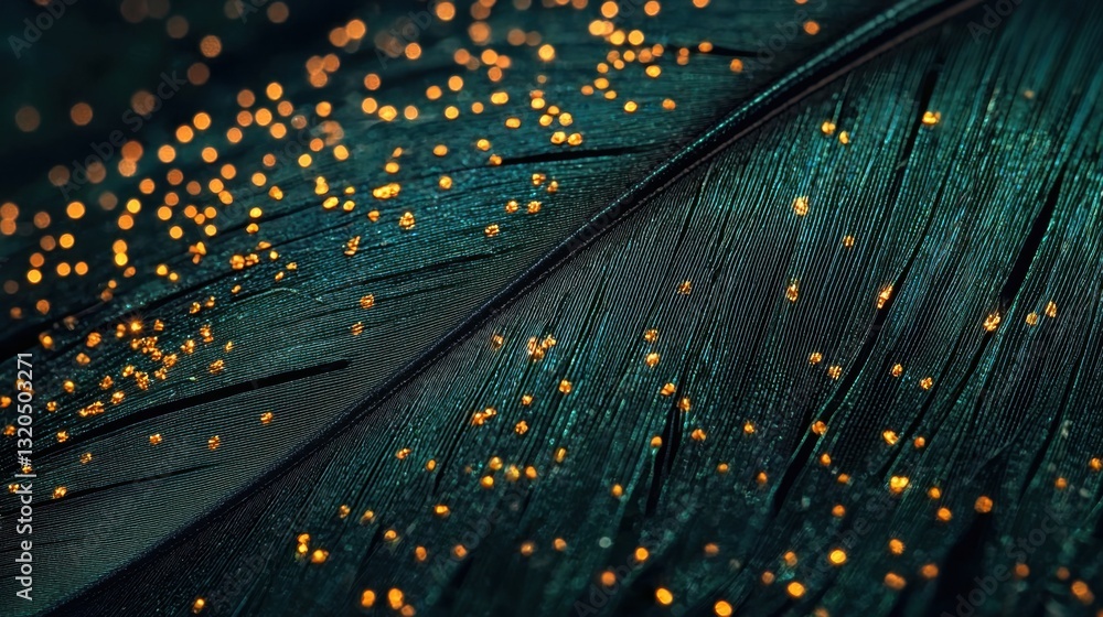 Poster macro view of an emerald feather with delicate golden specks, softly illuminated in warm light
