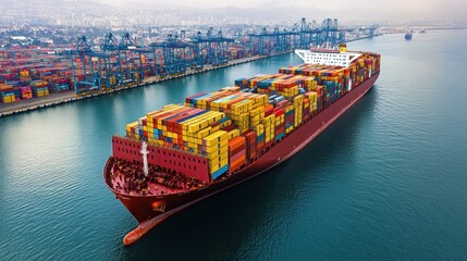 A colossal container cargo ship, a metal behemoth, sat at anchor in a bustling seaport, its belly bulging with goods destined for far corners of the world, symbolizing the intricate web of global