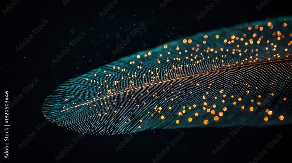 Poster macro view of an emerald feather with delicate golden specks, softly illuminated in warm light