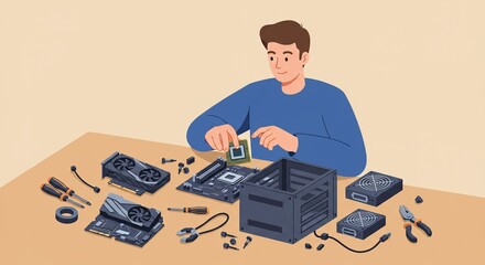 Computer Repair Technician Assembling PC Installing CPU Graphics Card Motherboard