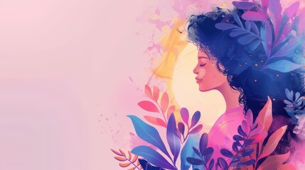World maternal mental health day celebration with serene portrait and vibrant florals. Horizontal banner. Copy space. Postpartum depression concept. Postnatal care services, women's wellness