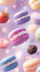 Obraz premium Colorful Macarons and Berries Floating on Lilac Background Close Up