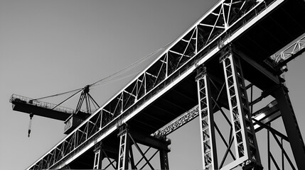 Industrial Strength: A close-up of a crane's jib, showcasing its robust construction and intricate details. A study in black and white.