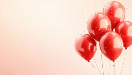 Festive red balloons on soft pink background with confetti