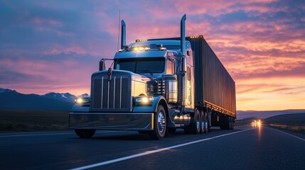A sleek, chrome-clad semi-truck, its cargo bed laden with towering industrial containers, ready to transport goods across vast distances for the import-export business.