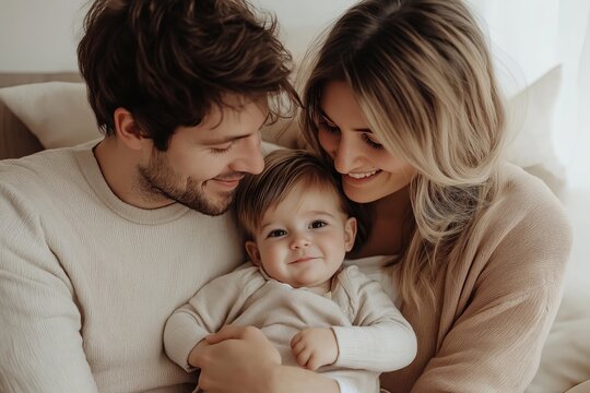 Happy family having fun time at home. Mother, Father and Baby