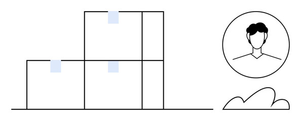 Stacked boxes in a warehouse next to user profile icon and cloud element. Ideal for logistics, storage, account management, delivery tracking, inventory solutions, user data, flat simple metaphor