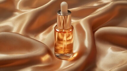 Naklejka premium Luxurious Golden Serum Bottle on Silky Satin Fabric Background for Skincare and Beauty Product Advertising