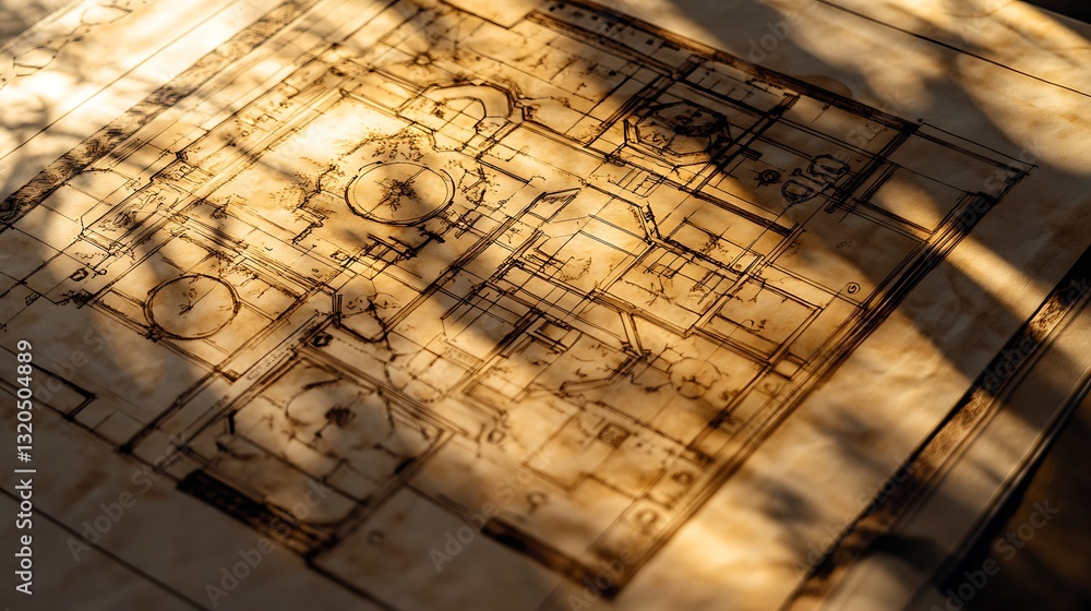 Poster blueprint lying flat with light and shadows showing building design