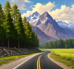 Fototapeta premium Illustration of road in wild and scenic landscape.