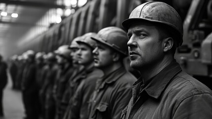 Fototapeta premium A line of uniformed workers, each adorned with a matching helmet, engaged in animated conversation within the aisle of a bustling warehouse.