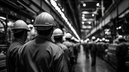 Fototapeta premium A line of uniformed workers, each adorned with a matching helmet, engaged in animated conversation within the aisle of a bustling warehouse.