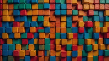 Colorful wooden blocks aligned. tiled colors of wooden blocks or cubes. Wide format. Hand edited generative AI. arranged wooden blocks, in wall decoration mosaic like pattern
