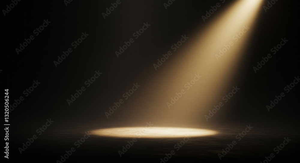 Poster empty stage and golden spotlight with abstract light beams in a dark background