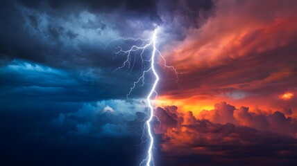 Electrifying lightning bolt strikes against fiery orange and dark blue clouds