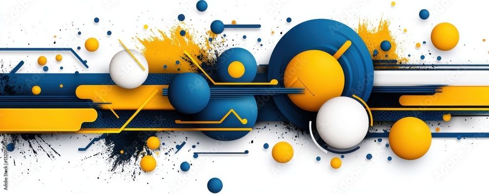 Poster a vibrant abstract design featuring circles and lines in blue, yellow, and white, creating a dynamic