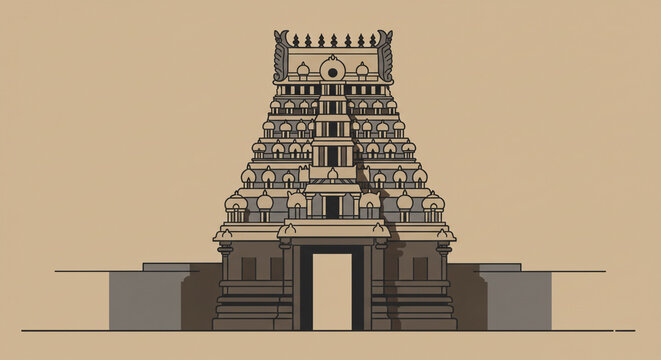 South Indian Temple Gopuram Line Art Illustration