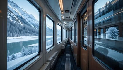 Scenic Winter Train Journey Panoramic Mountain Views from Inside a Luxury Rail Car
