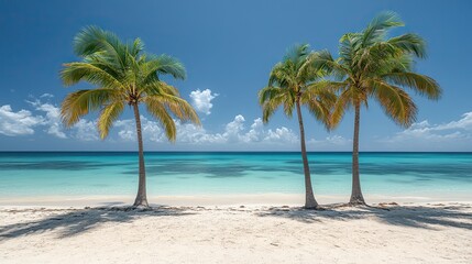 A beautiful exotic landscape with three palm trees on white sand against a blue sky creates a travel and tourism background.