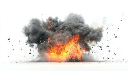 Exploding Fireball with Billowing Smoke Cloud on White Background Action Shot