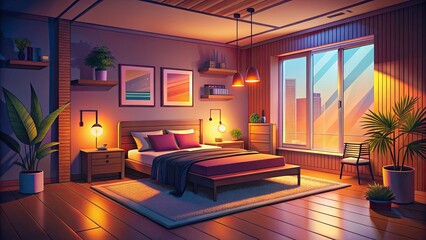 Fototapeta premium Low Light Bedroom Line Art Wall Decor - AI Generated Interior Design Image