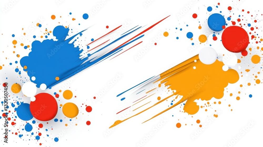 Poster a vibrant abstract design featuring colorful splashes and circles in blue, orange, red, and white, c