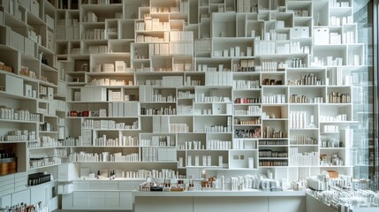 A wall adorned with rows of tall, white shelves, each holding a multitude of neatly labeled boxes, creating a sense of order and organization.
