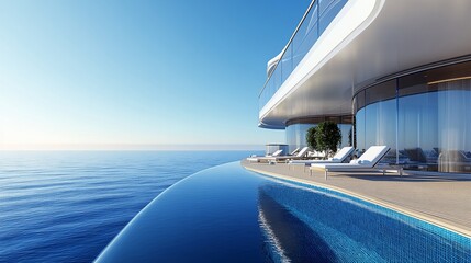 Obraz premium Elegant curved building overlooking tranquil ocean with infinity pool and lounge chairs