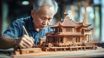 A skilled architect, his brow furrowed in concentration, meticulously crafts a miniature model house from wood and clay, his hands a testament to the artistry and precision required in bringing