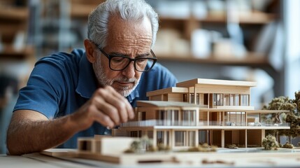 A skilled architect, his brow furrowed in concentration, meticulously crafts a miniature model house from wood and clay, his hands a testament to the artistry and precision required in bringing