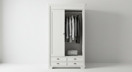 Wooden white wardrobe with opened doors and hanging clothes isolated white background