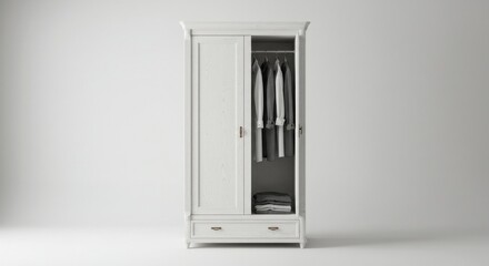 Obraz premium Wooden white wardrobe with opened doors and hanging clothes isolated white background