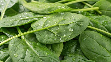 Background from fresh green spinach leaves with water drops. The texture of raw organic baby spinach close-up.