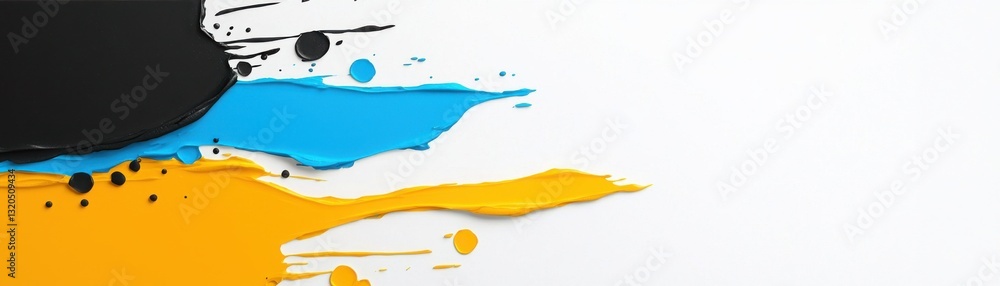 Poster a vibrant splash of colors including black, blue, and orange on a white background, creating an arti