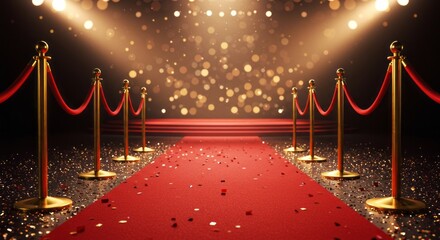 entrance with staircase and red carpet on the stage with a bokeh background creating a luxurious VIP atmosphere for a gala or movie premiere