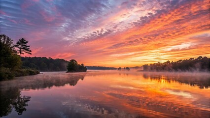 Panorama of beautiful sunrise over lake