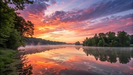 Panorama of beautiful sunrise over lake