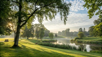 Tranquil Park Landscape Bathed in Morning Sunlight