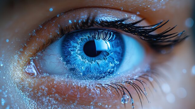 A blue eye with eyelashes splashes outwards, emphasizing vision.