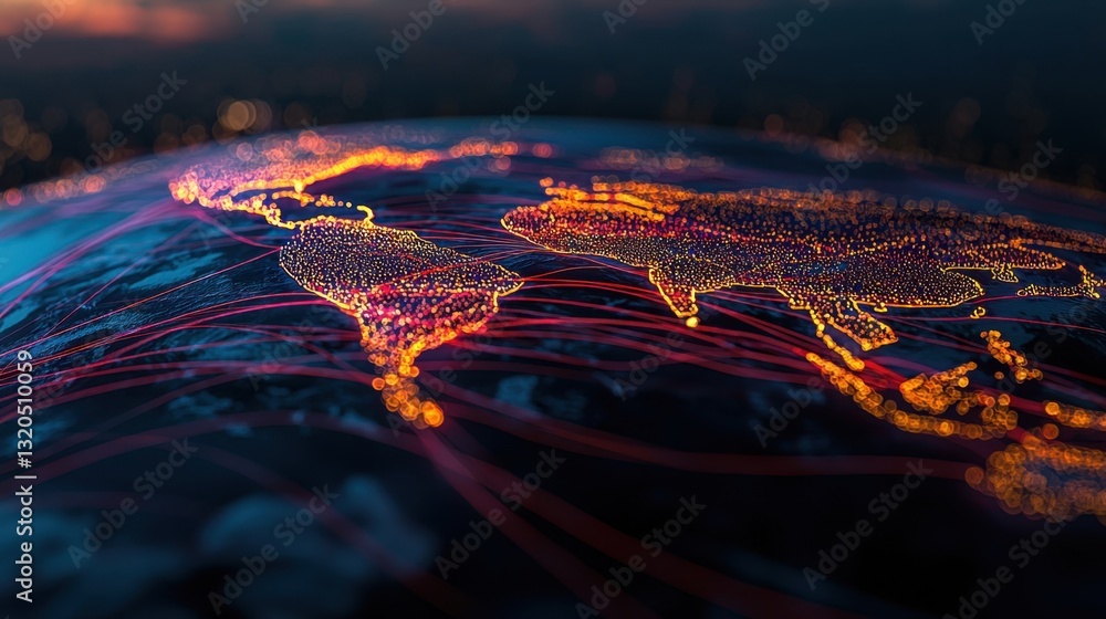Poster modern global trade visualization with data-driven economic connections and commerce pathways.