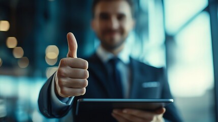 Businessman Giving Thumbs Up with Tablet Computer in Corporate Office Setting