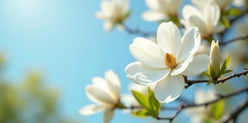 Fototapeta premium White magnolia flowers in full bloom on a sunny spring day, elegant, garden, tranquil